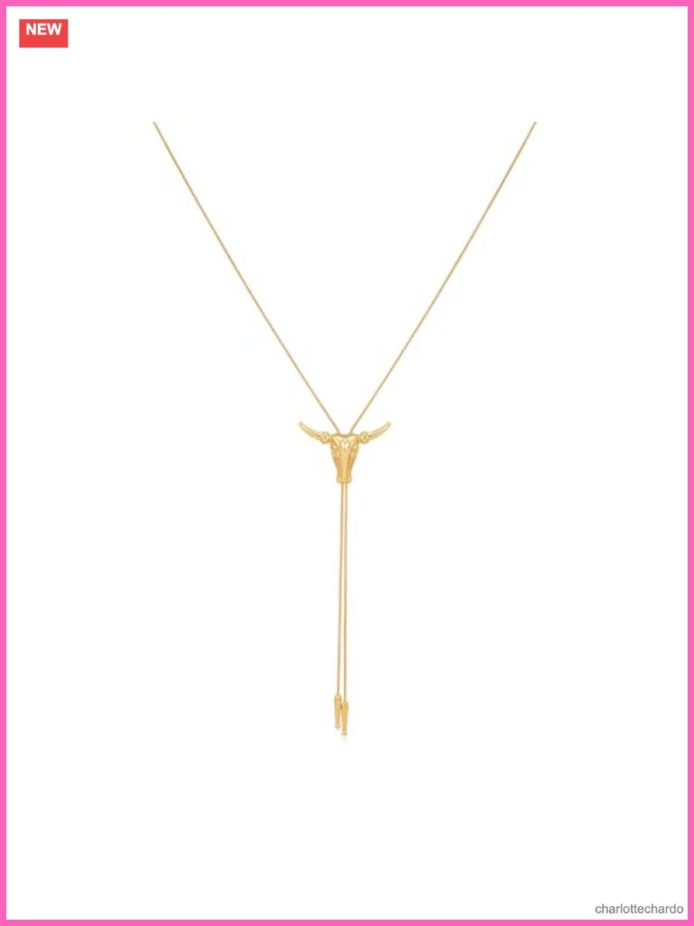Western Cowgirl Bolo Tie Necklace 14K Gold Plated Bull Head Pendant
